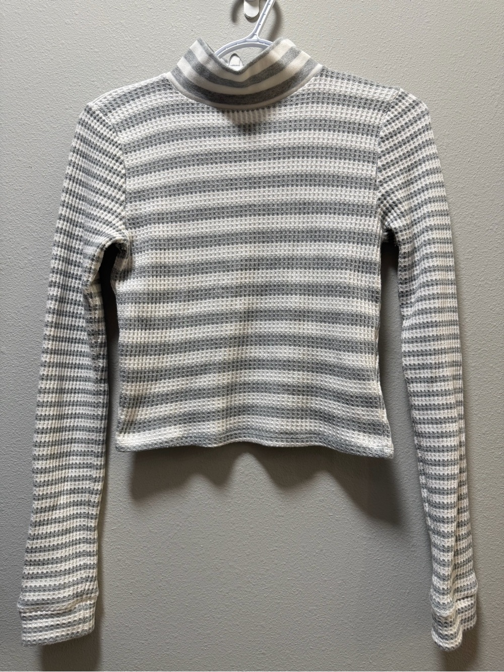 aerie Striped Cropped Turtleneck in Cream and Light Gray
